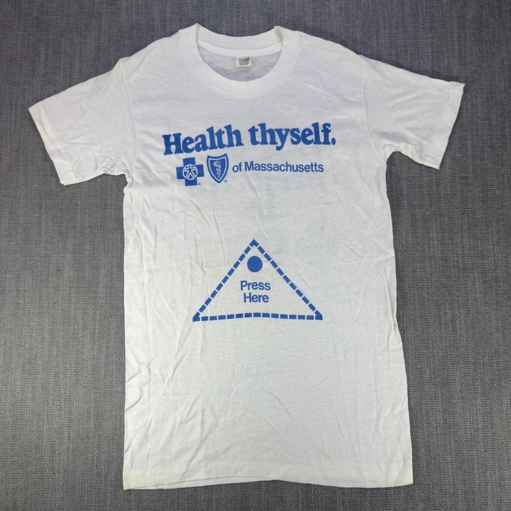 Vintage Blue Cross Blue Shield Shirt Mens Small White Health Thyself Graphic Tee